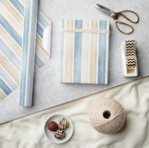 Strand Blauwe Crème Strepen Verjaardag Cadeaupapier