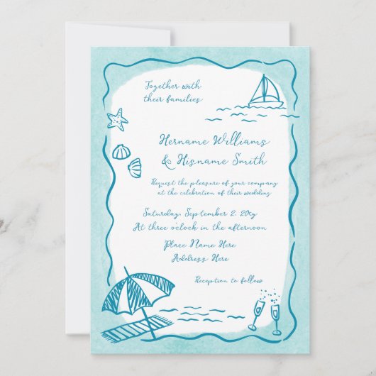 Strand Blauwgroen Hand getrokken QR RSVP All-in-On Kaart (Voorkant)