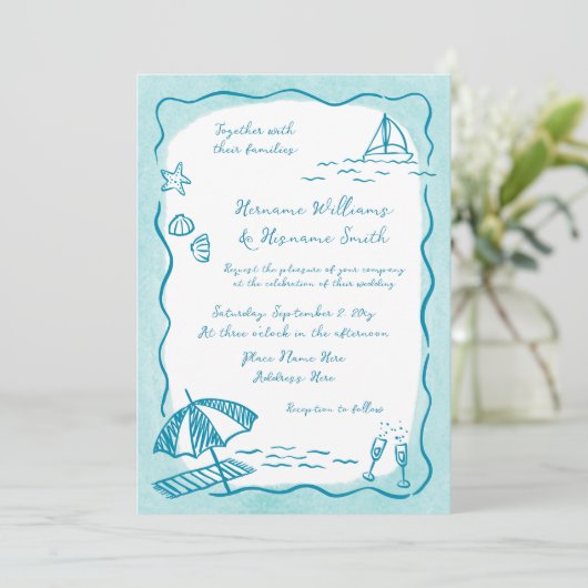Strand Blauwgroen Hand getrokken QR RSVP All-in-On Kaart (Staand voorkant)