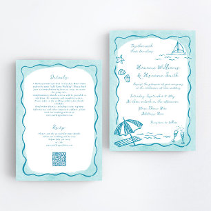 Strand Blauwgroen Hand getrokken QR RSVP All-in-On Kaart
