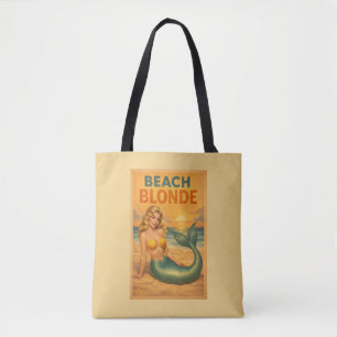 Strand Blonde Pin-Up Zeemeermin   Gele Retro Kust Draagtas