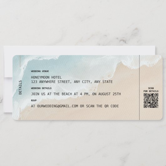 Strand Boarding Pass Bestemming Bruiloft QR code Kaart (Achterkant)
