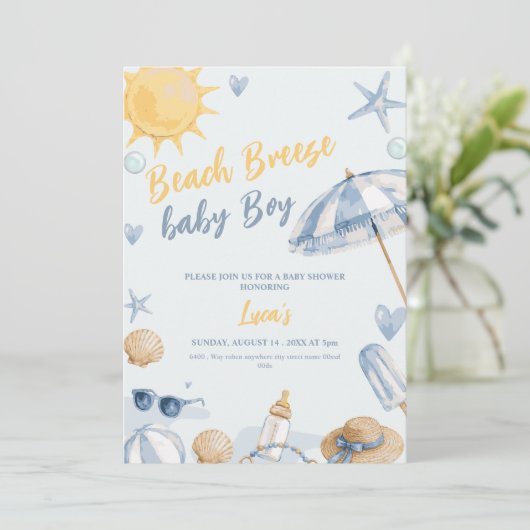 strand bries jongen blauwe baby shower uitnodiging (Staand voorkant)