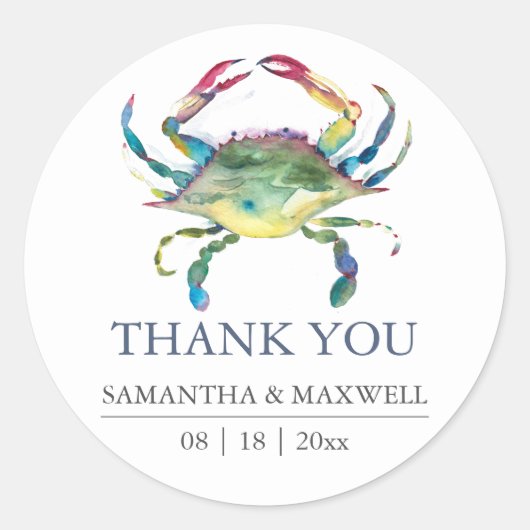 Strand Bruiloft Blauwe Krab Bedankje Cadeautje Ronde Sticker (Voorkant)