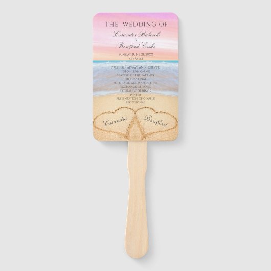 Strand Bruiloft Blush Roze Harten in Zand Handwaaier (Voorkant)