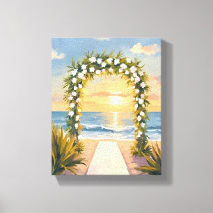 Strand Bruiloft Boog Bloemschildering in Waterverf Canvas Afdruk
