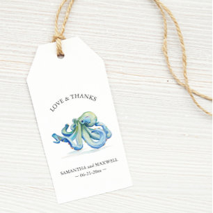 Strand Bruiloft Favor Tags Waterverf Octopus Cadeaulabel