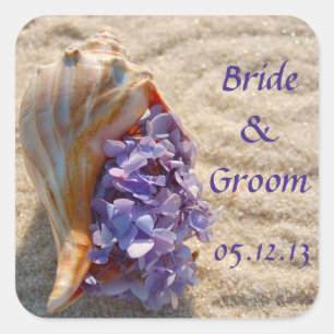 Strand bruiloft gunst Sticker: Zee Shell & Hydrang Vierkante Sticker
