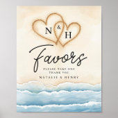 Strand bruiloft gunst teken met zand harten poster (Voorkant)