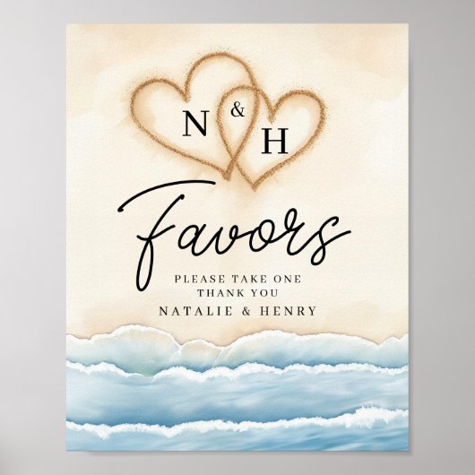 Strand bruiloft gunst teken met zand harten poster (Voorkant)