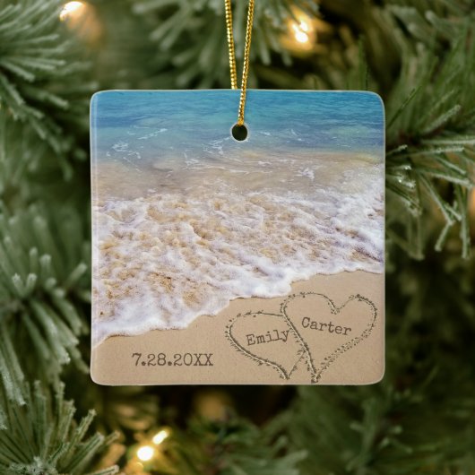 Strand bruiloft met namen en datum keramisch ornament (Boom)