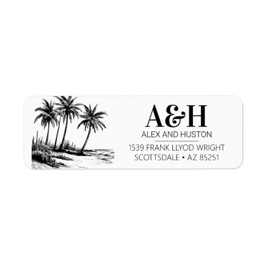 Strand Bruiloft Monogram Elegante Eenvoudige Palmb Etiket (Voorkant)