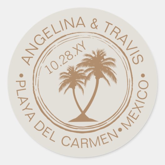Strand Bruiloft Paspoort Stempel met Palm Tree Ronde Sticker (Voorkant)