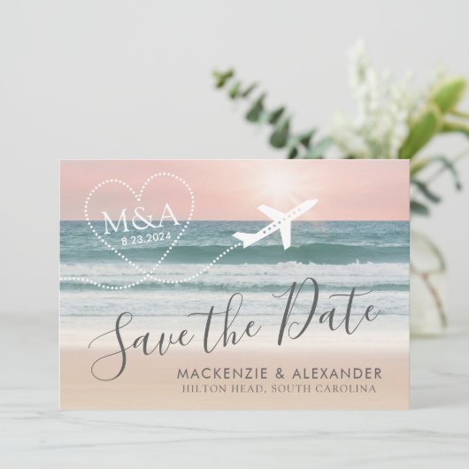 Strand Bruiloft Roze Oceaan Zonsondergang Save The Date (Staand voorkant)