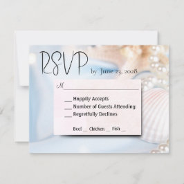 Strand bruiloft schelpen en parels RSVP kaartje