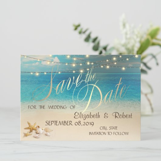 Strand Bruiloft Schelpen Lichten  Save The Date (Staand voorkant)