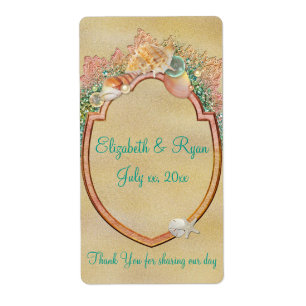 Strand bruiloft schelpen wijn / water labels