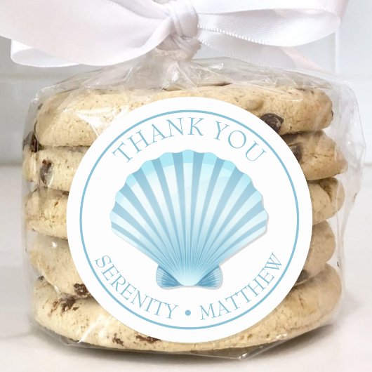 Strand bruiloft Shell Blauw Nautische Dank u Ronde Sticker