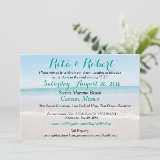 Strand bruiloft uitnodiging - Ocean I Art on Back (Staand voorkant)