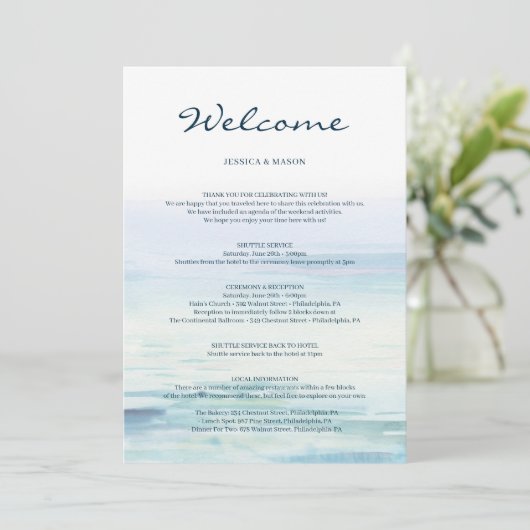Strand bruiloft welkom reisbeschrijving brief programma (Staand voorkant)