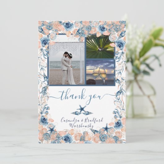 Strand Bruiloft Zeeschelp en Rozen Foto Dank u Bedankkaart (Staand voorkant)