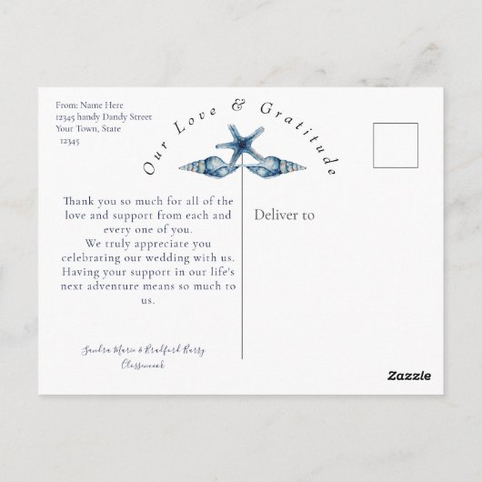 Strand Bruiloft Zeeschelp en Rozen Foto Dank u Briefkaart (Achterkant)