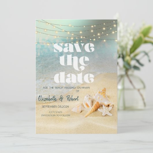 Strand Bruiloft Zeeschelpen String Lights Save The Save The Date (Staand voorkant)