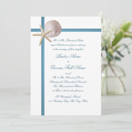 Strand Bruiloft Zeester en Zand Dollar Blauw Kaart (Staand voorkant)