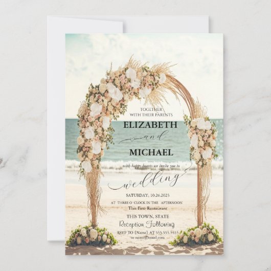Strand Bruiloftprieel Rozen Scriptie Bruiloft Kaart (Voorkant)