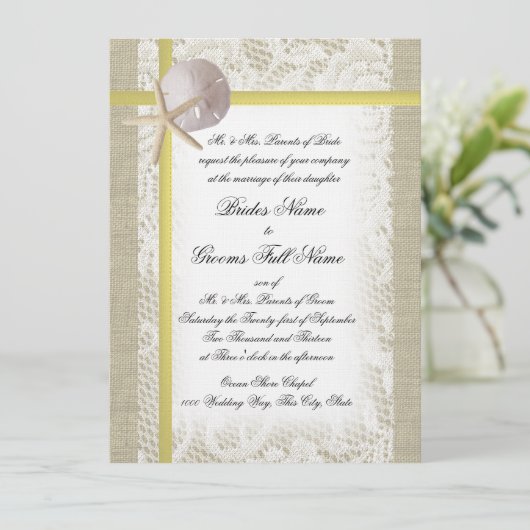 Strand Burlap en kant gele bruiloft Kaart (Staand voorkant)