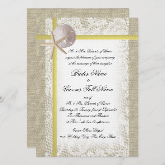 Strand Burlap en kant gele bruiloft Kaart (Voorkant / Achterkant)