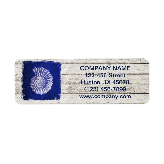 Strand chique drift hout nautische blauwe schelpen etiket (Voorkant)