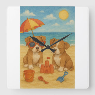 strand dag puppies Wall Clock Vierkante Klok