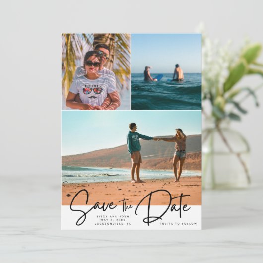 Strand Drie foto bruiloft Bewaar de datum Save The Date (Staand voorkant)