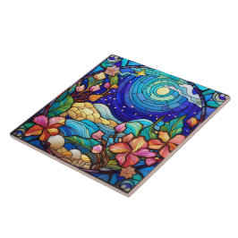 Strand en golven Glas in lood kunst Tegeltje