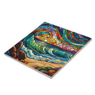 Strand en golven Glas in lood kunst Tegeltje