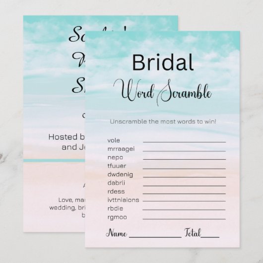 Strand en Oceaan Bruids Blauw Woord Scramble Game Kaart (Voorkant / Achterkant)