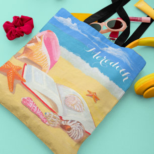 Strand en schelpen gepersonaliseerd tote bag