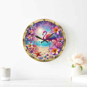 Strand Flamingo Bloemen Sparkle Grote Klok