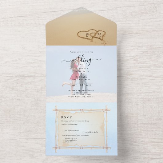 Strand Fotohuwelijk Uitnodiging RSVP Menu Harten Z (Binnen)