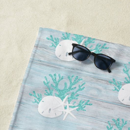 Strand Hout Zand Dollar Zeester Aqua Glitter Strandlaken (In situ)