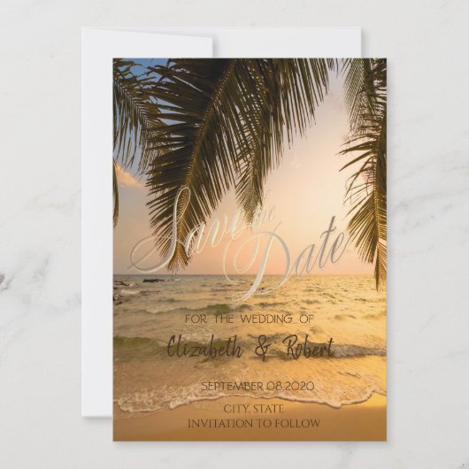 Strand Huwelijk, Palmen Zonsondergang Bewaar de D Save The Date (Voorkant)