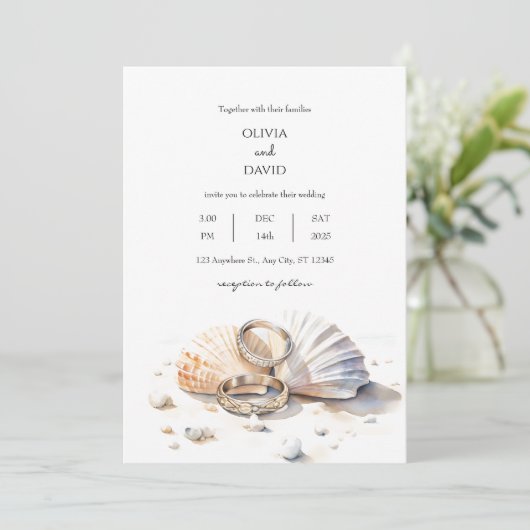 Strand Huwelijk Ringen Seashell Shore Bruiloft Kaart (Staand voorkant)