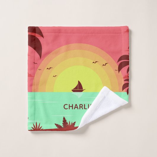 Strand Illustratie aangepaste naam handdoek set (Wasdoekje)