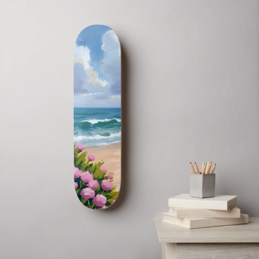 Strand in Bloei | Roze Hortensia aan de Oceaan Kus Skateboard (Muurkunst)