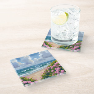 Strand in Bloei   Roze Hortensia Kust Coast Glazen Onderzetter