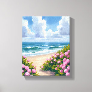Strand in Bloei   Roze Hortensia Oceaanzijde Kust Canvas Afdruk