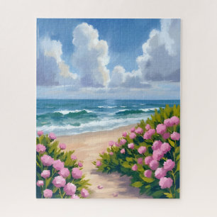 Strand in Bloei Roze Hortensia Oceaanzijde Kust Legpuzzel