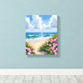 Strand in Bloom | Roze Hydrangea Oceanside Kust Canvas Afdruk (Insitu (Houten vloer))