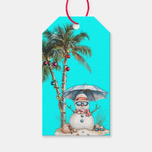Strand Kerstmis Sandy Snowman Palmbomen Cadeaulabel (Voorkant)